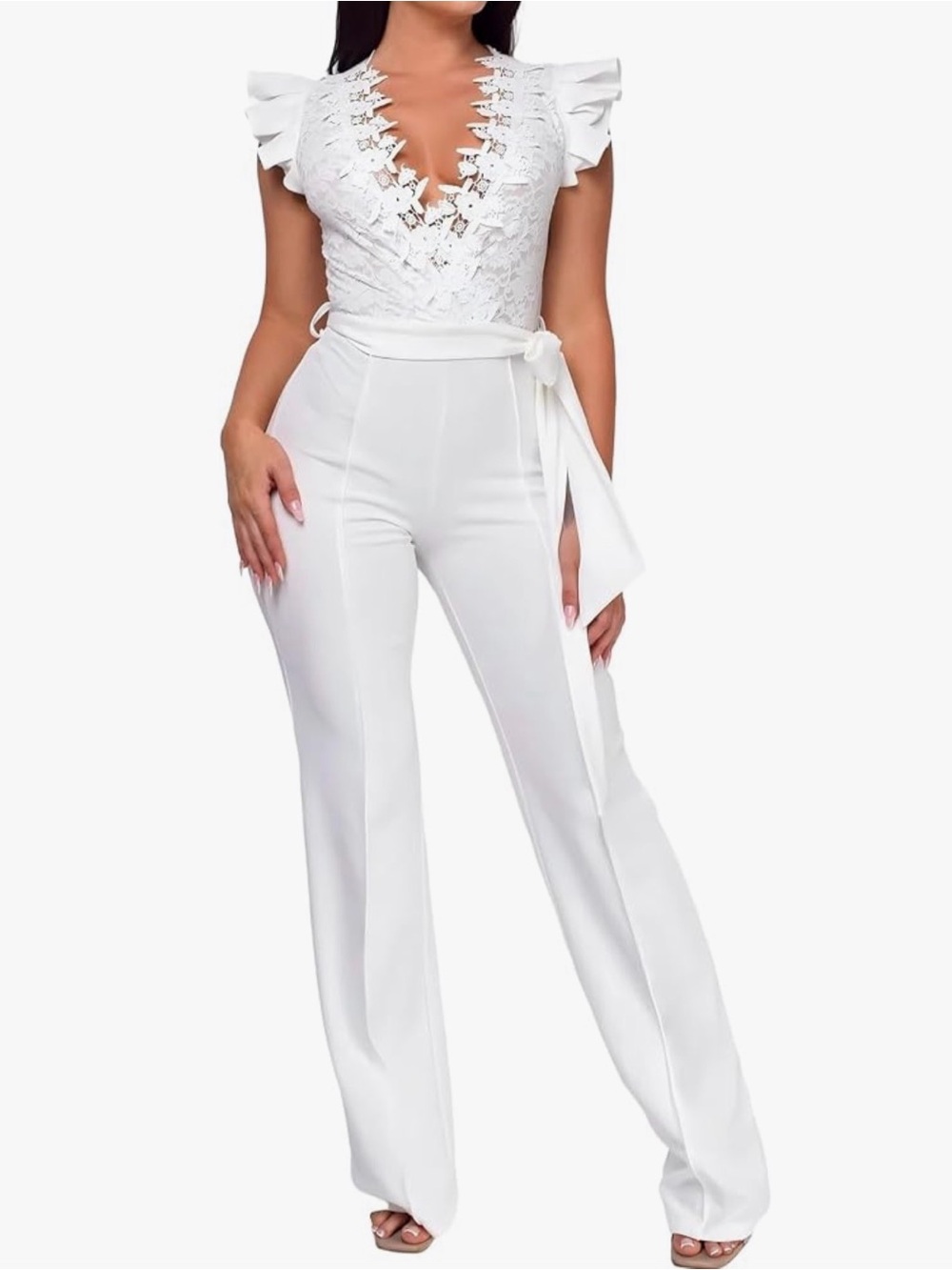 Women's White Lace V-Neck Wide-Leg Jumpsuit with Waist Tie